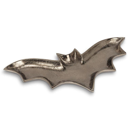 Sculptural metal tray shaped like a bat with spread wings, polished gunmetal finish, 14 inches wide