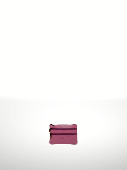 Titan Leather Wallet in Fuxia — compact three-zip leather pouch with embossed logo tab, shown flat on white background