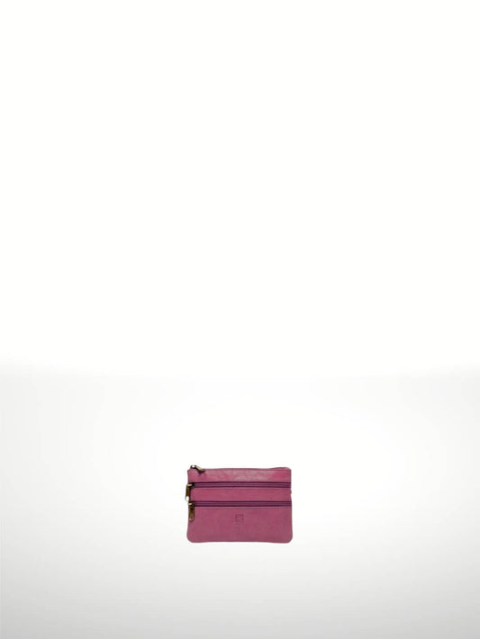 Titan Leather Wallet in Fuxia — compact three-zip leather pouch with embossed logo tab, shown flat on white background