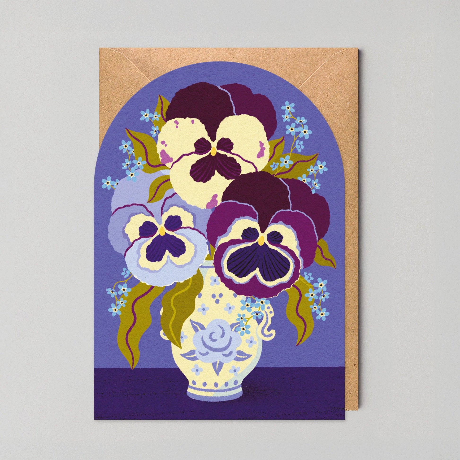 Arch-shaped floral art card with a handpainted illustration of purple and cream violas in a blue and white vase.