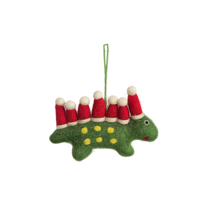 Handmade felt Green Dinosaur with Santa Hats Hanging Dec