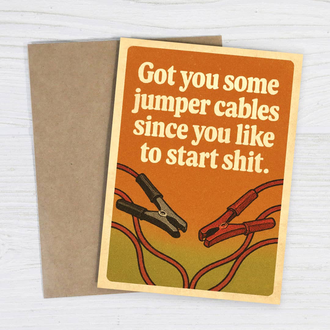 Jumper Cables Insult card shown from another angle