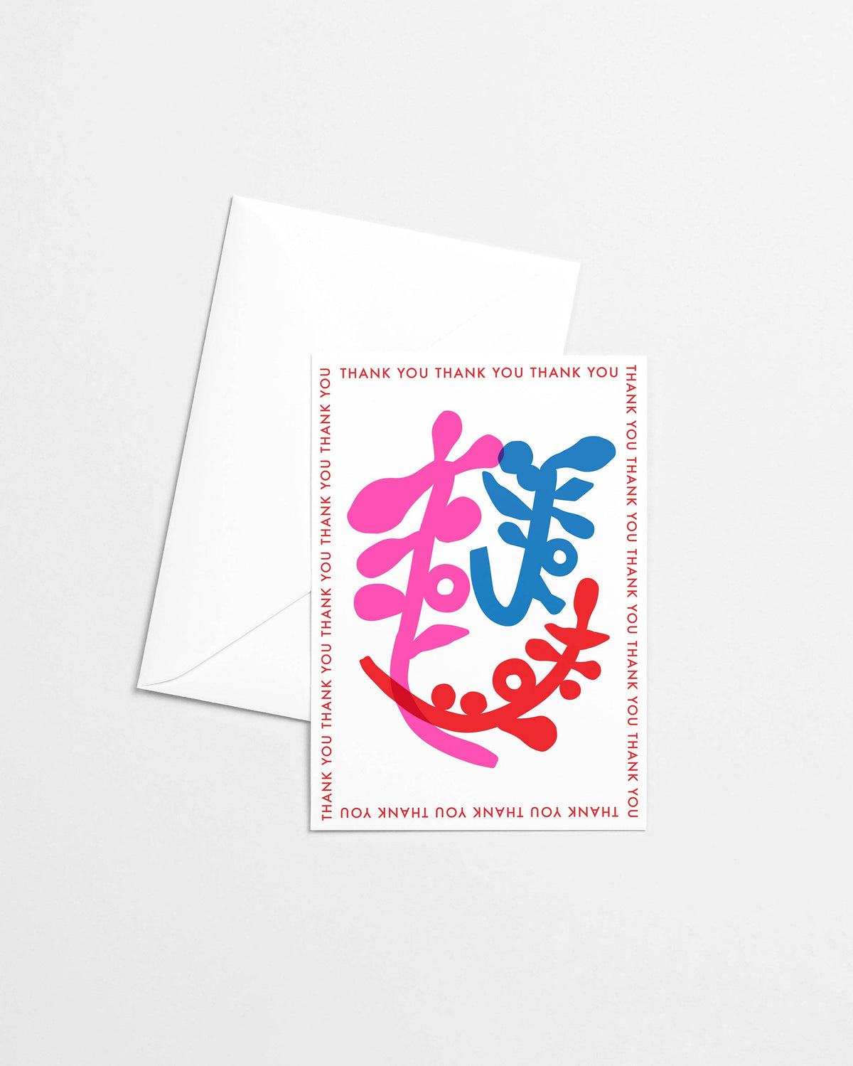 Thank You greeting card with papercut floral shapes in pink, blue and red - PABOOM