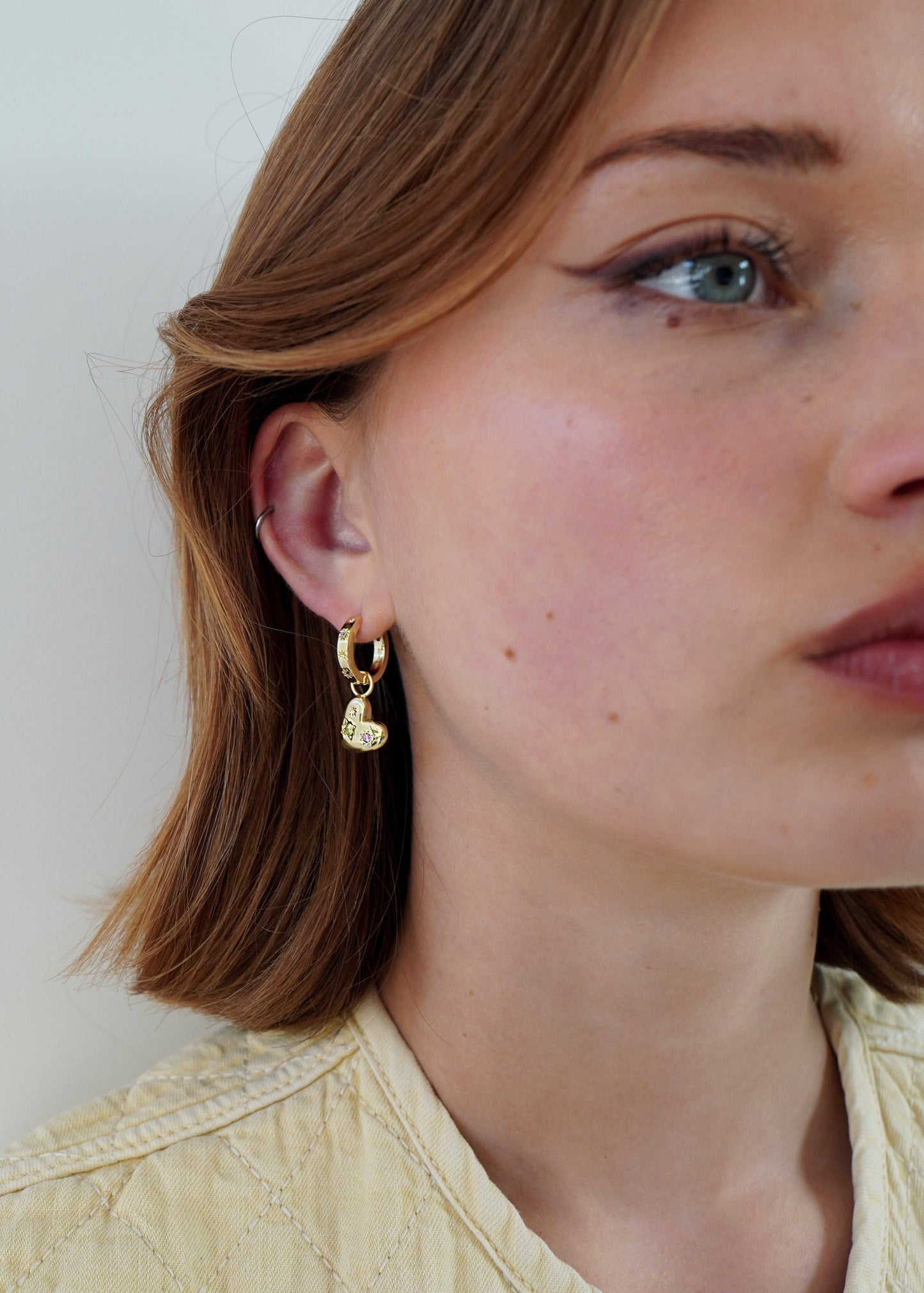 Pink and Green Floating Heart Hoop Earrings - Gold