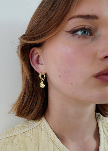 Pink and Green Floating Heart Hoop Earrings - Gold