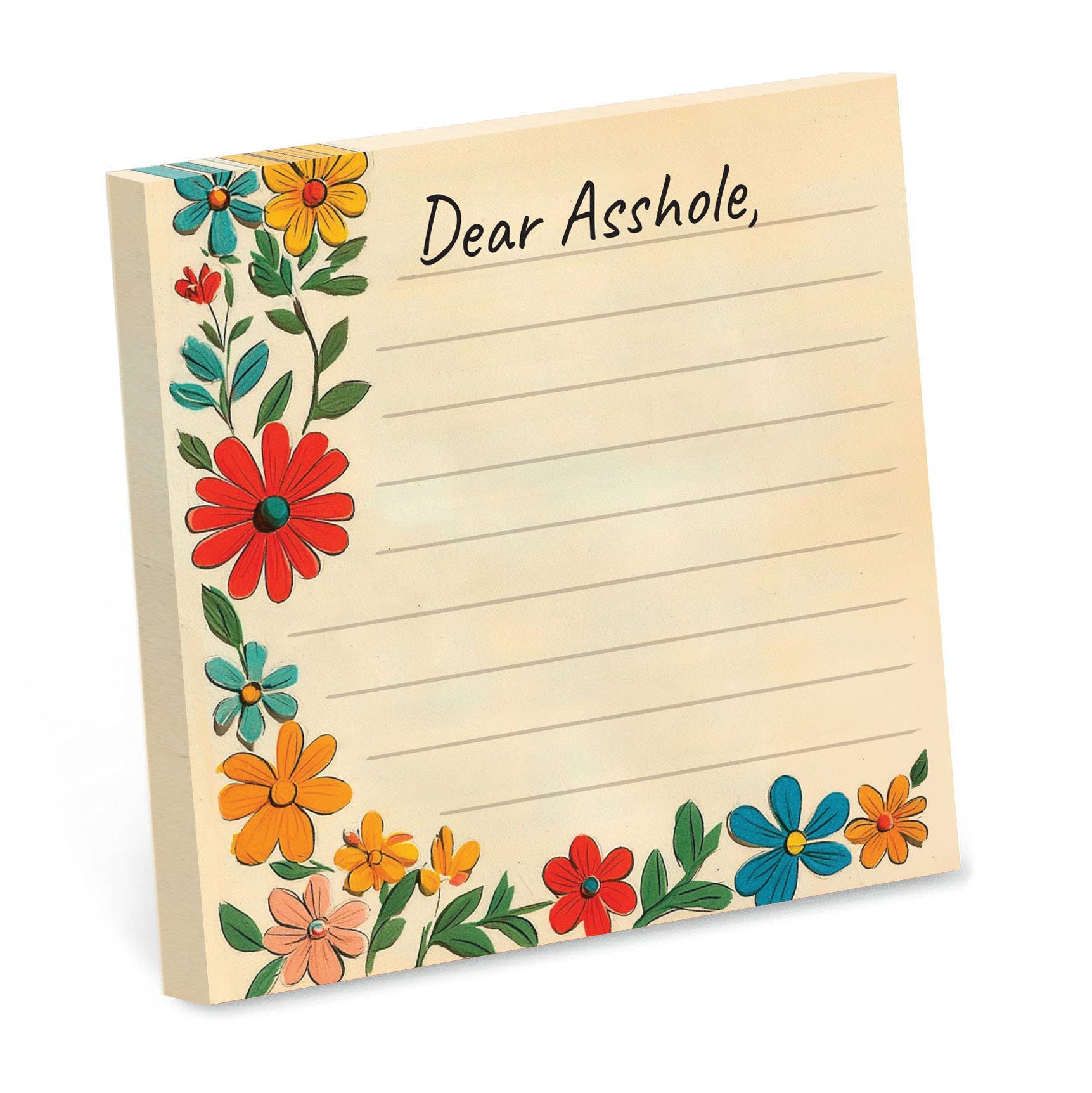 Cream sticky note pad with a colorful floral border, reading Dear Asshole, with lined writing space