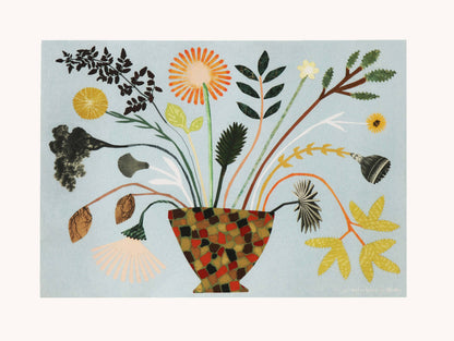 A3 art print of a collaged folk-art bouquet in a mosaic-patterned bowl on a pale blue background, featuring dried plants, leaves and antique paper cutouts, signed 'jo waterhouse for Hadley'