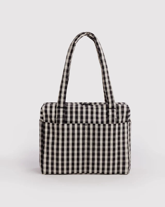 BAGGU Small Cloud Carry-On in black and cream gingham, shown from the front with top handles