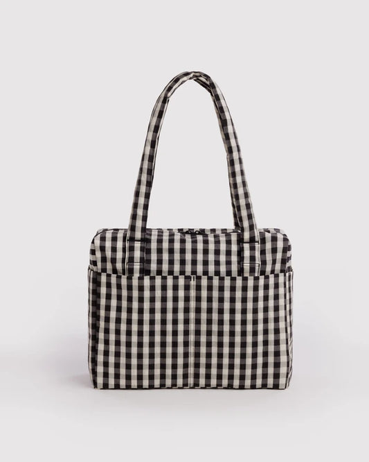 BAGGU Small Cloud Carry-On in black and cream gingham, shown from the front with top handles