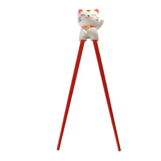 White and red maneki-neko training chopsticks, alternate view - PABOOM