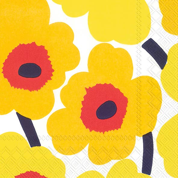 Marimekko UNIKKO paper napkin in golden yellow with red-orange poppy centres