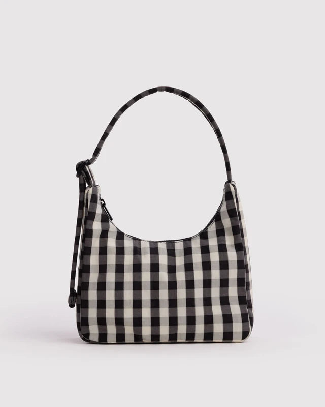 BAGGU Mini Nylon Shoulder Bag in Black and Cream Gingham with adjustable quilted strap - PABOOM