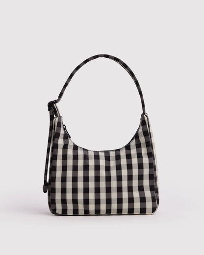 BAGGU Mini Nylon Shoulder Bag in Black and Cream Gingham with adjustable quilted strap - PABOOM