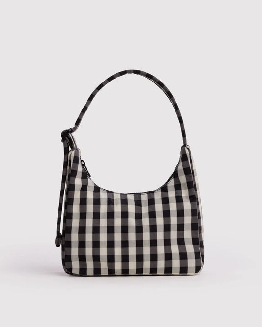 BAGGU Mini Nylon Shoulder Bag in Black and Cream Gingham with adjustable quilted strap - PABOOM