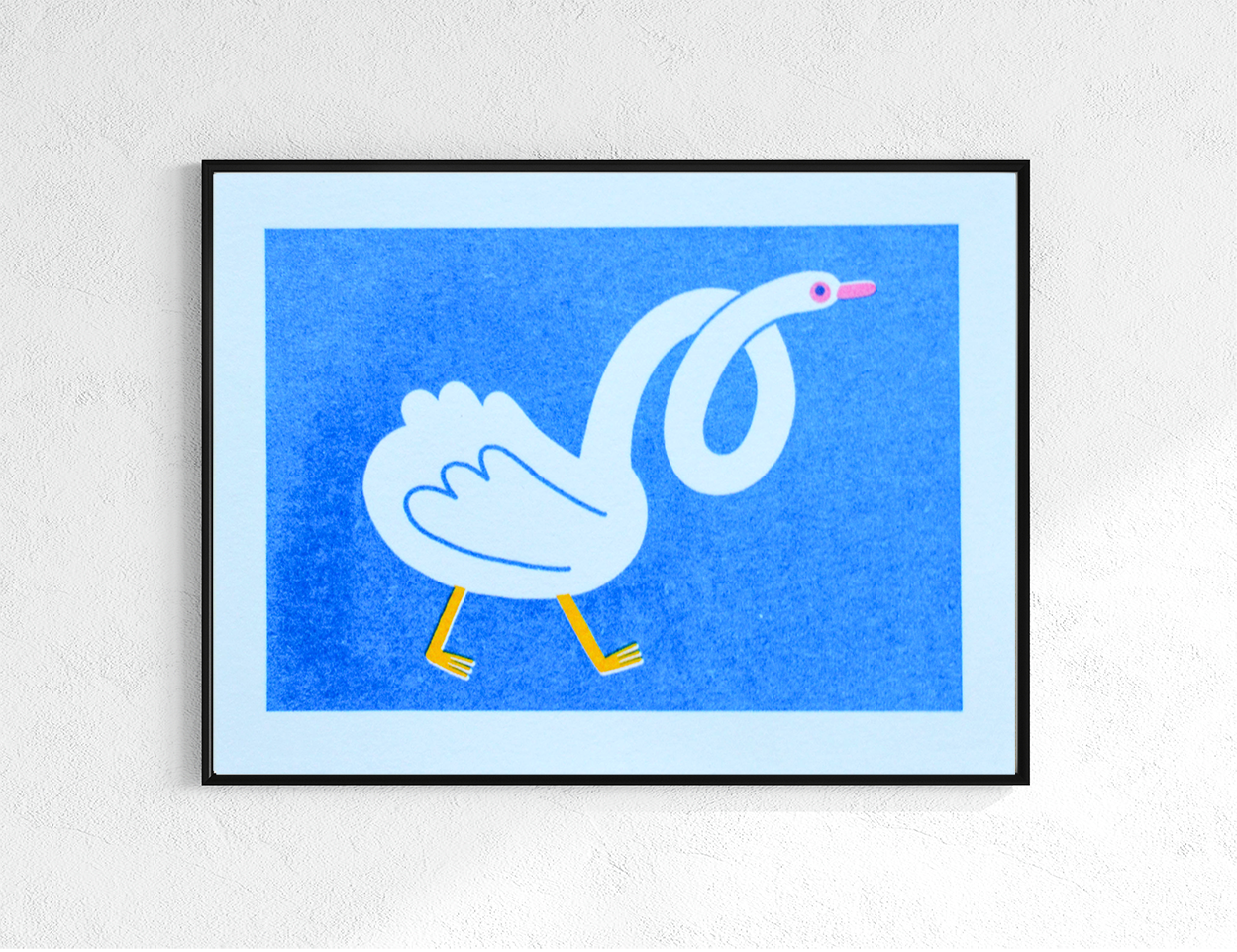 Duck Mini Risograph Print — illustration of a pale blue duck with a looped neck, shown framed against a blue background