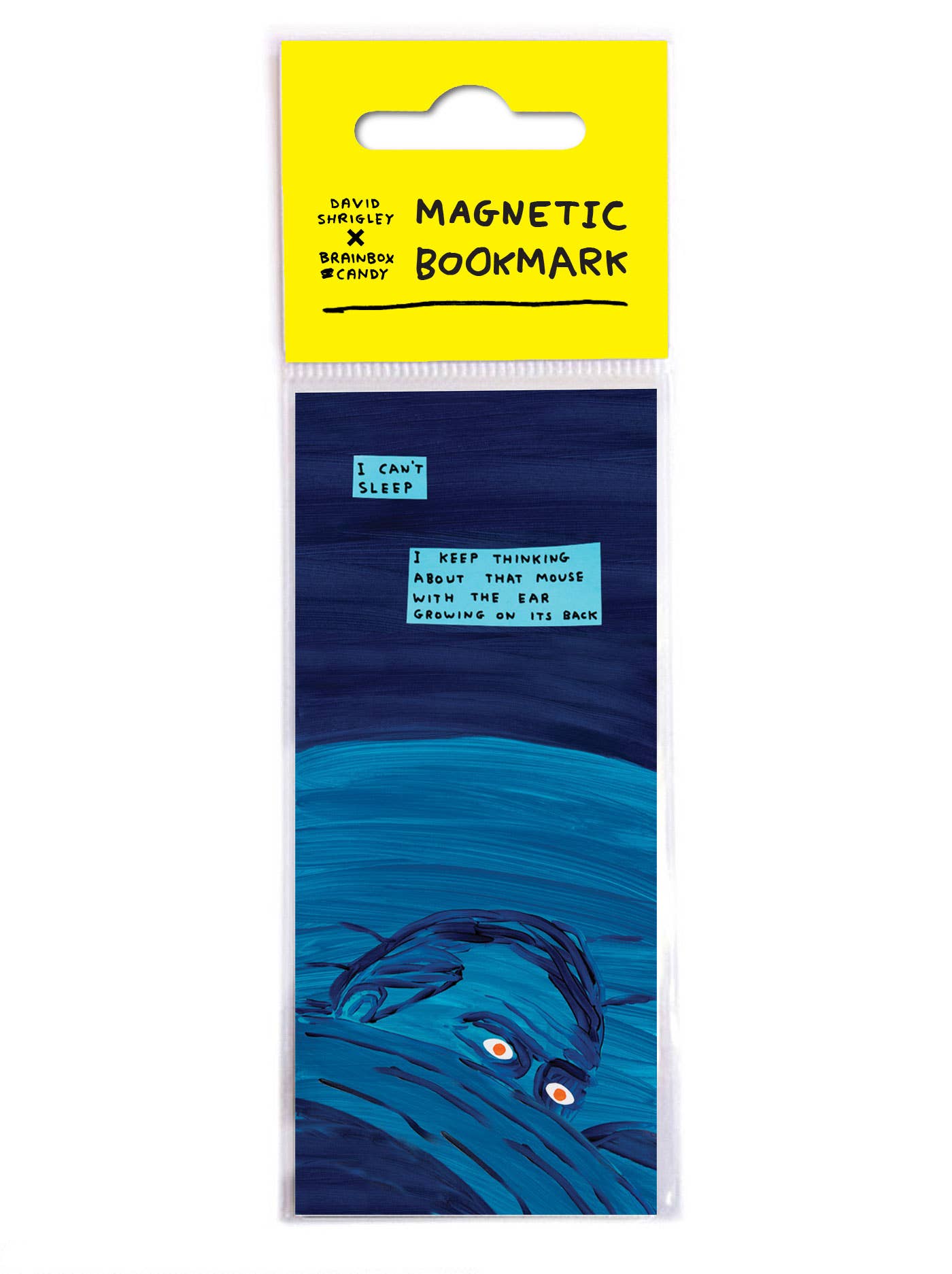 David Shrigley painted illustration of a dark blue nocturnal scene captioned "I can't sleep, I keep thinking about that mouse with the ear growing on its back," on a magnetic bookmark - PABOOM