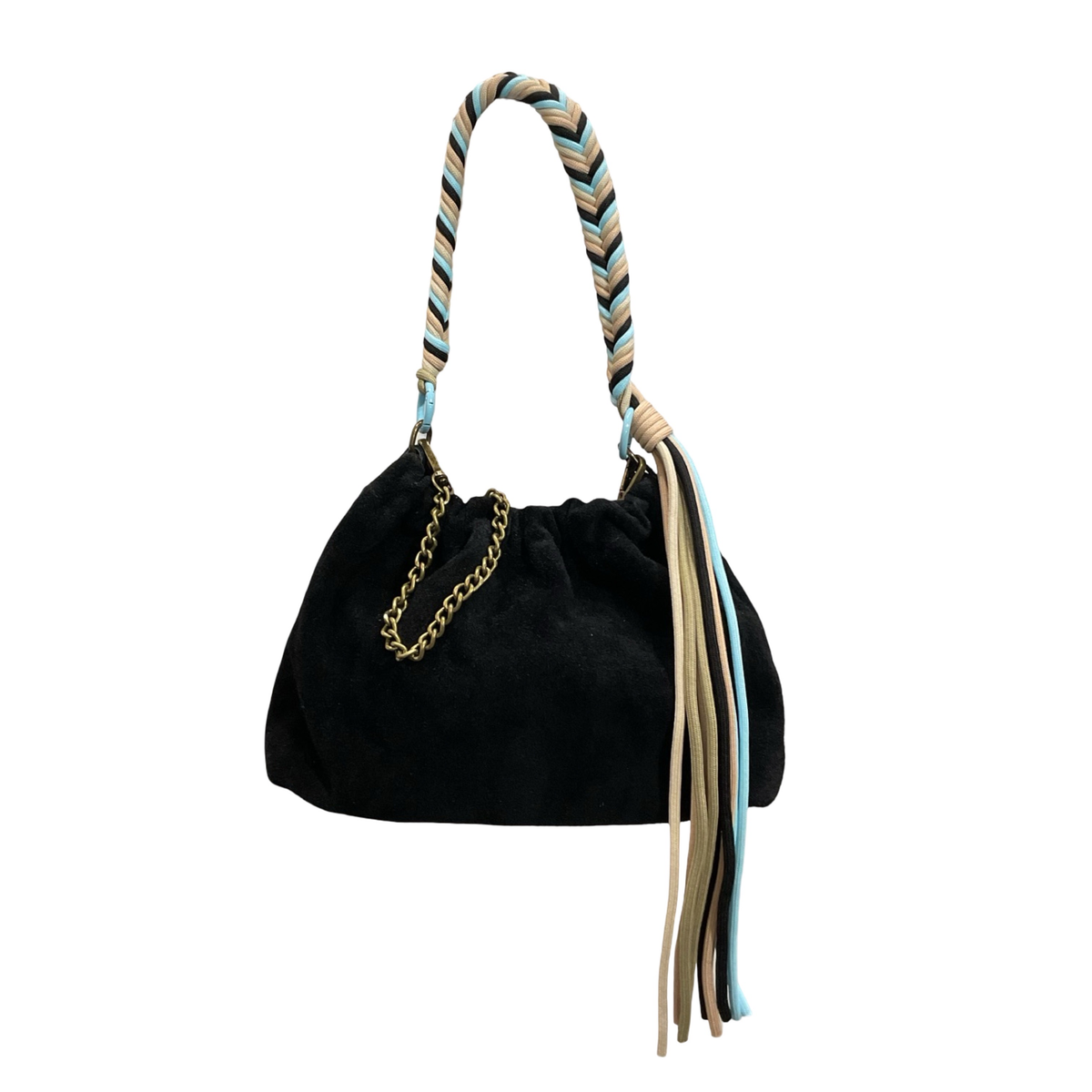 Louisa Lee Plissa Medium drawstring bag in black suede with grey braided cord and cream tassels - PABOOM