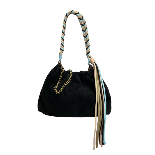 Louisa Lee Plissa Medium drawstring bag in black suede with grey braided cord and cream tassels - PABOOM