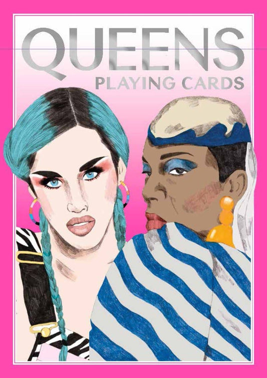Queens drag queen playing cards box in hot pink with illustrated portraits of two drag queens - PABOOM