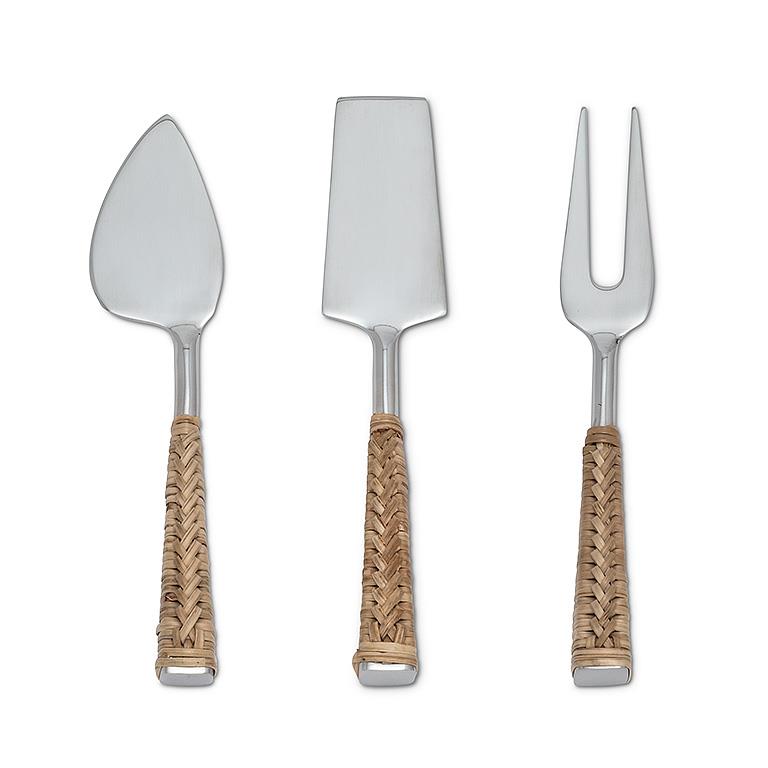Set of three cheese knives with natural rattan-wrapped handles, 7 inches long