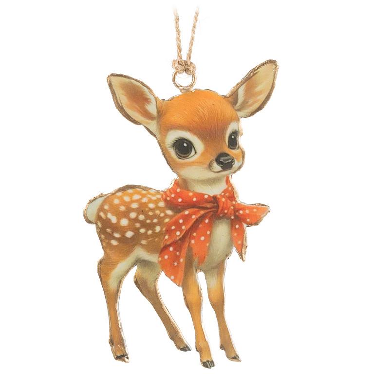 Double-sided metal ornament of a vintage-style illustrated fawn with large eyes and white spots, wearing a red polka-dot bow scarf.