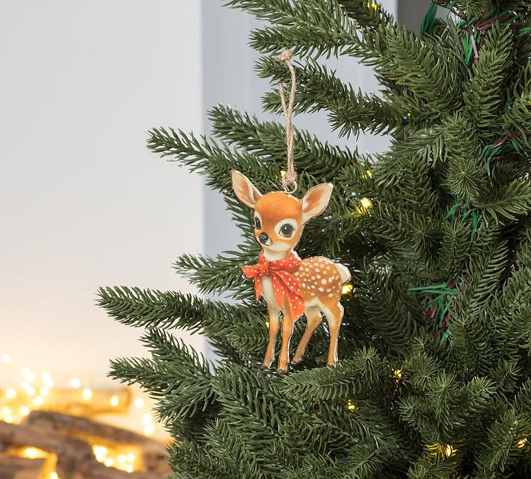 Back view of the metal Vintage Fawn Ornament showing the reverse illustration.