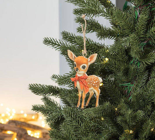 Back view of the metal Vintage Fawn Ornament showing the reverse illustration.