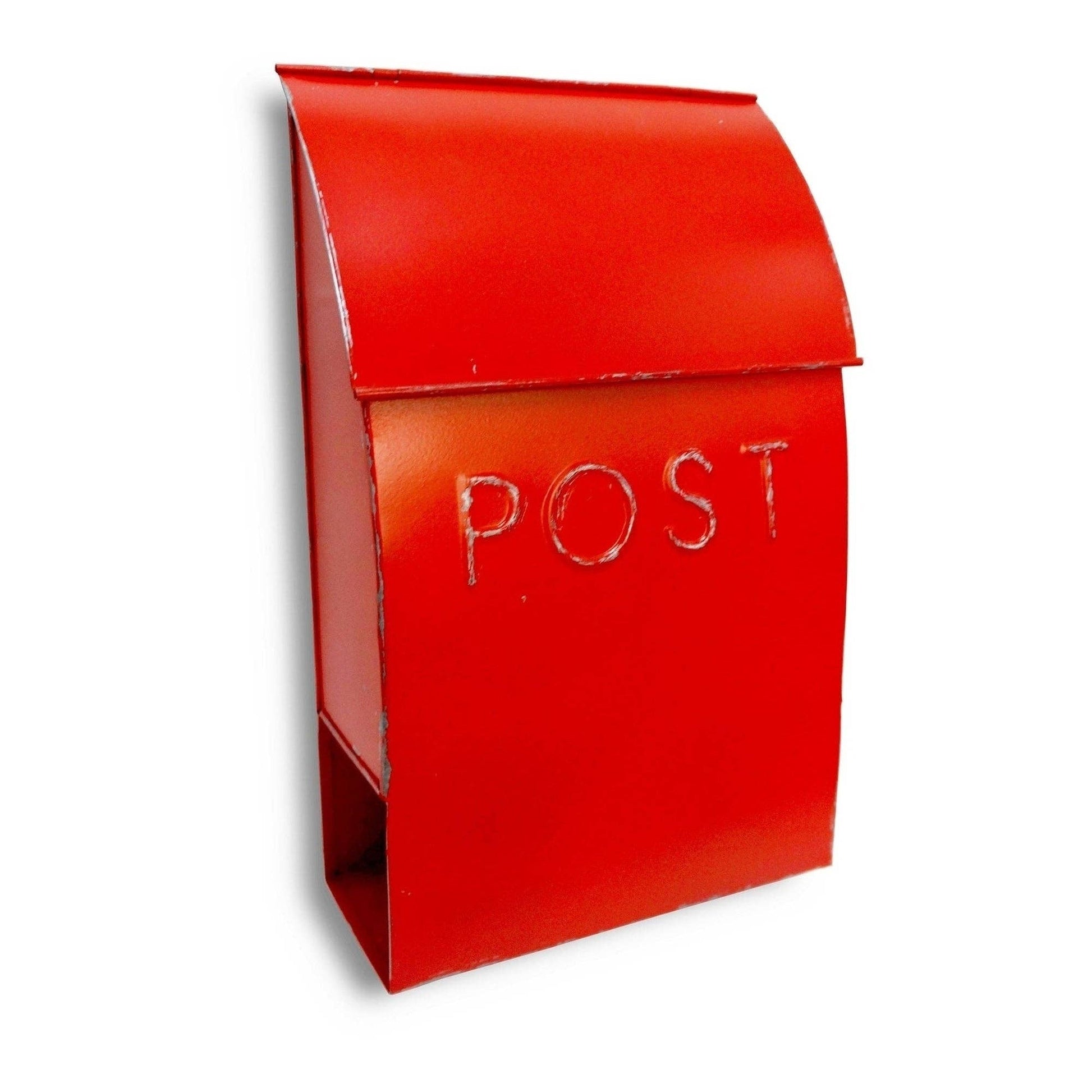Rustic red distressed metal wall-mount mailbox with embossed POST lettering - PABOOM