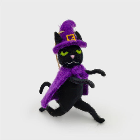 Felted black cat ornament in a buckled purple witch hat and purple cape mid-stride - PABOOM