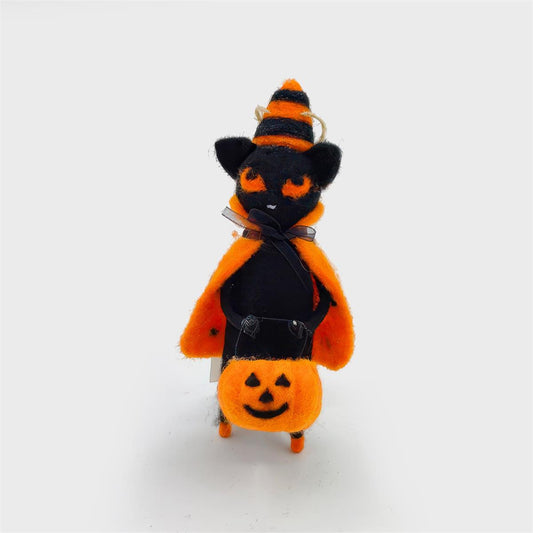 Felted black cat ornament in an orange striped witch hat and cape holding a jack-o'-lantern bucket - PABOOM
