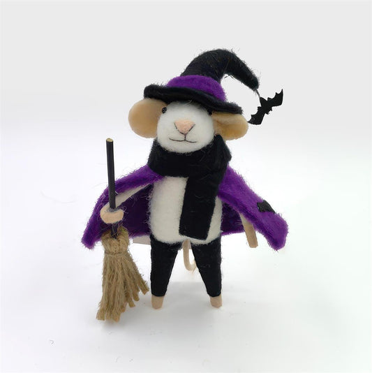 Felted mouse witch ornament in a black hat with bat, purple cape and black scarf, holding a broom - PABOOM