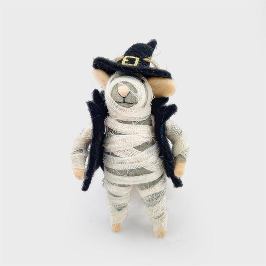 Felted mouse mummy ornament wrapped in white bandages with a buckled black witch hat - PABOOM
