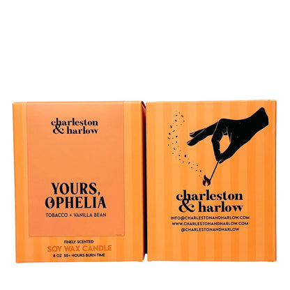 Charleston & Harlow Yours, Ophelia candle and box lineup lifestyle shot