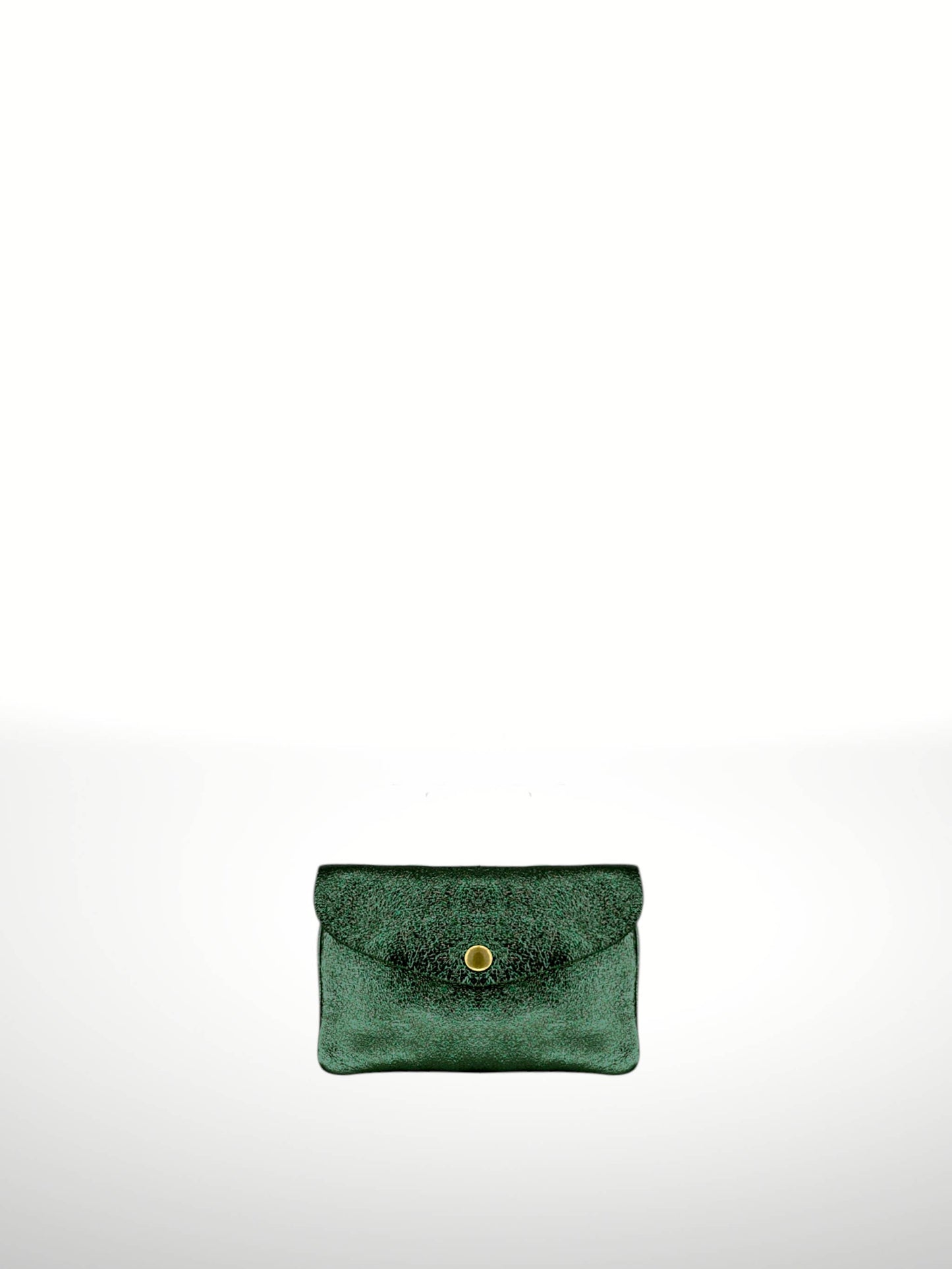 Katia Plus Laminated Suede Leather Wallet in Bottle Green — snap-flap envelope pouch with metallic textured finish, shown flat on white background