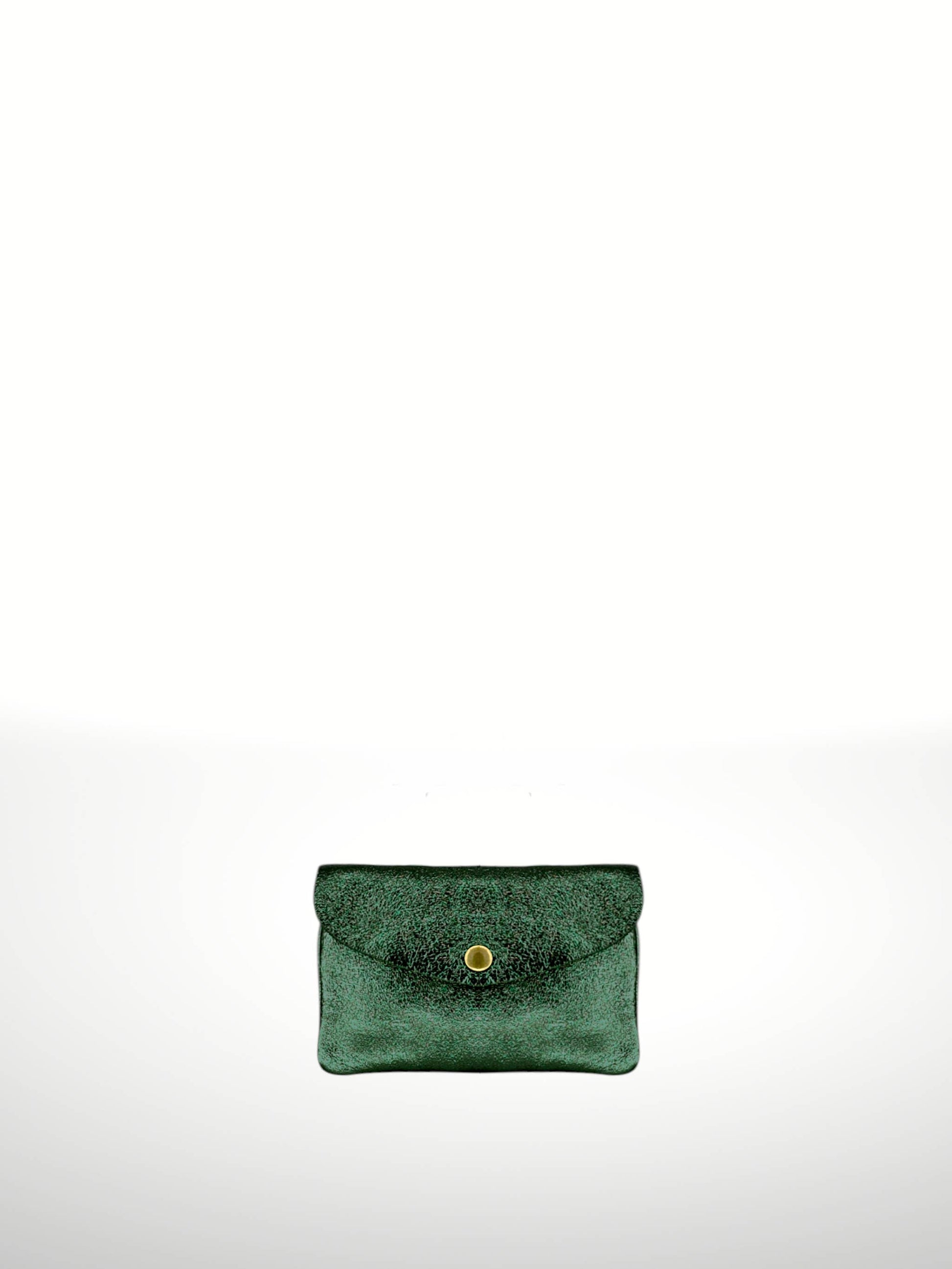 Katia Plus Laminated Suede Leather Wallet in Bottle Green — snap-flap envelope pouch with metallic textured finish, shown flat on white background