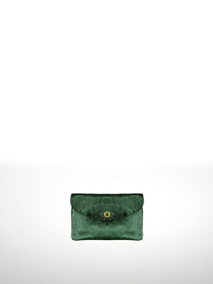 Katia Plus Laminated Suede Leather Wallet in Bottle Green — snap-flap envelope pouch with metallic textured finish, shown flat on white background