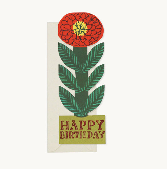 Tall narrow greeting card featuring an illustrated red retro flower with a yellow centre atop a striped green stem, with 'Happy Birthday' text at the base on olive green