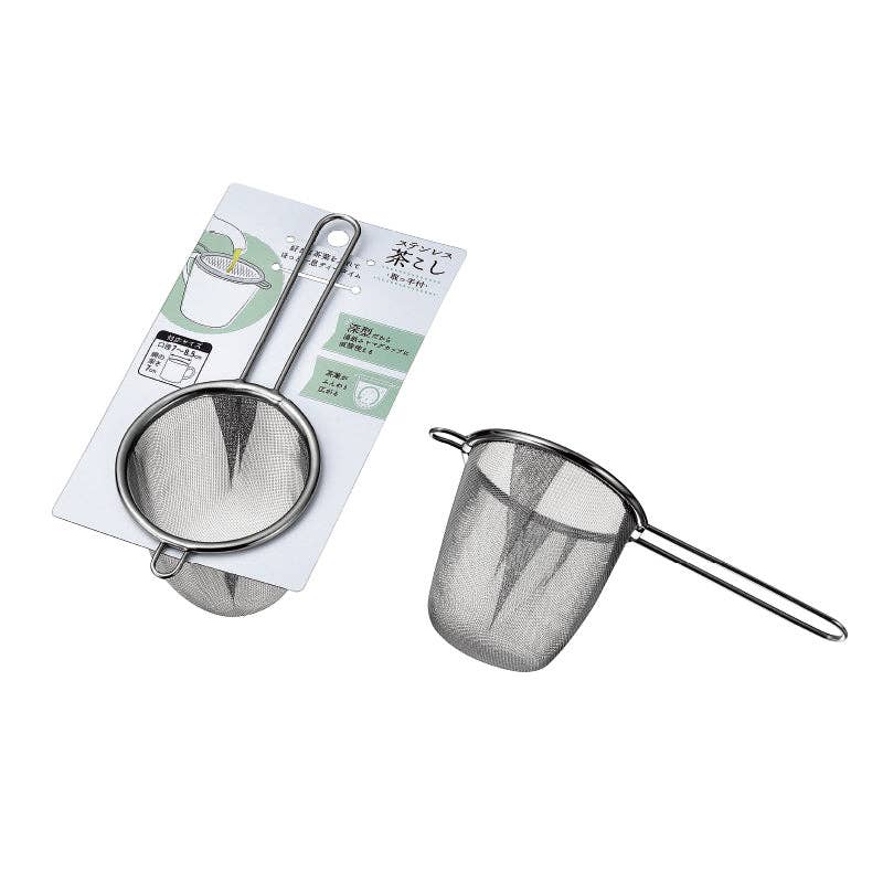 Stainless steel mesh tea basket strainer with a long wire handle, shown both on its Japanese retail card and unpackaged
