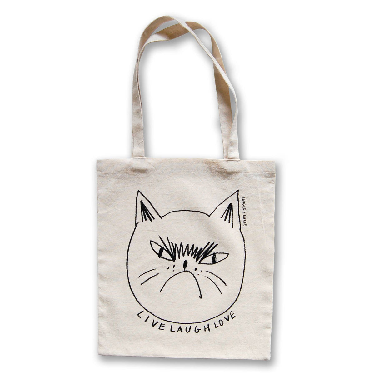 Natural cotton tote bag with a large black line-drawn grumpy cat face above Live Laugh Love - PABOOM