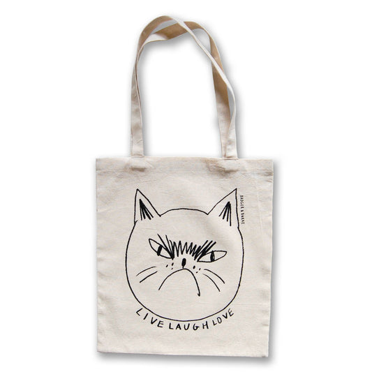 Natural cotton tote bag with a large black line-drawn grumpy cat face above Live Laugh Love - PABOOM