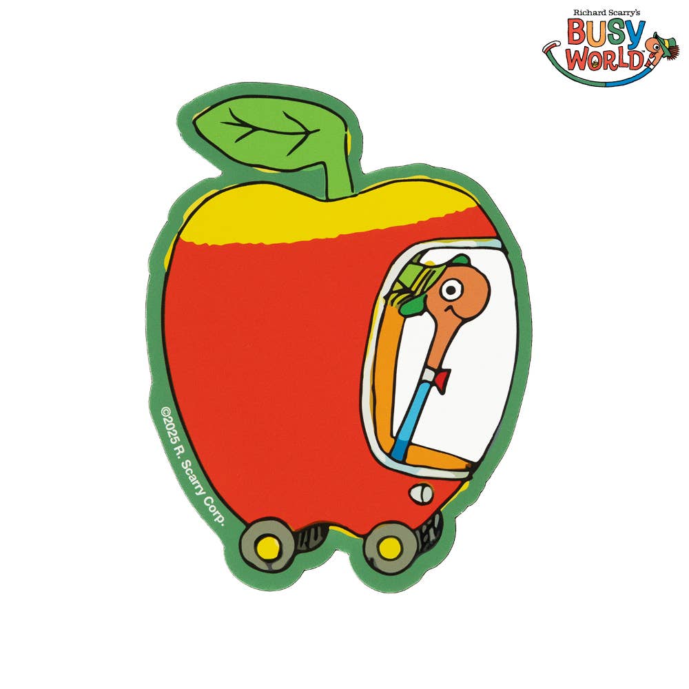 Vinyl sticker of Lowly Worm driving a red and yellow apple-shaped car with a green leaf stem, from Richard Scarry's Busytown.