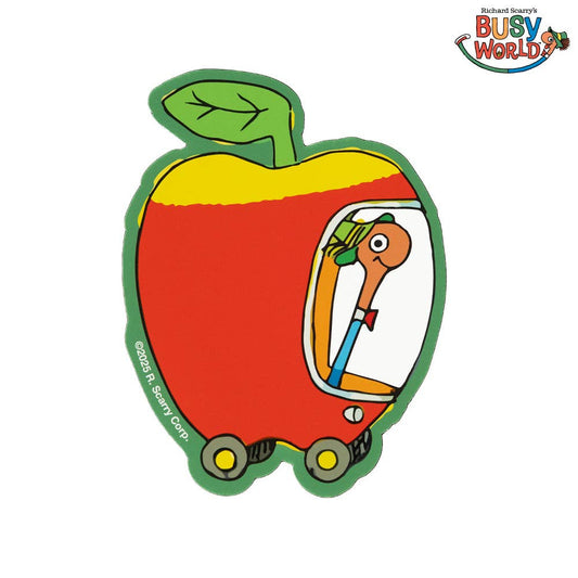 Vinyl sticker of Lowly Worm driving a red and yellow apple-shaped car with a green leaf stem, from Richard Scarry's Busytown.