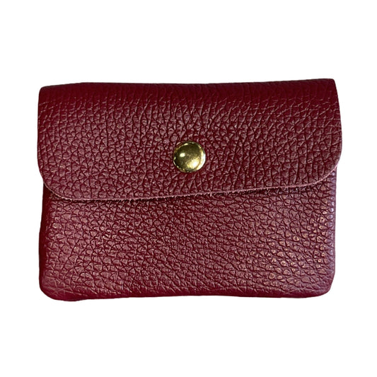 Small bordeaux grained leather snap wallet with a gold-tone button closure