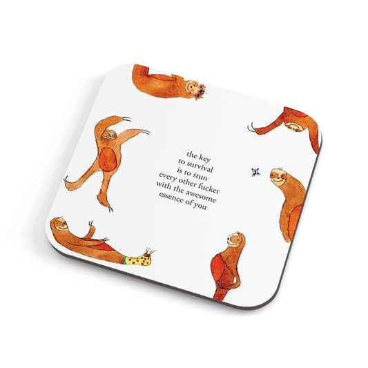 Square cork-backed coaster with watercolour sloths around a poem about the awesome essence of you - PABOOM