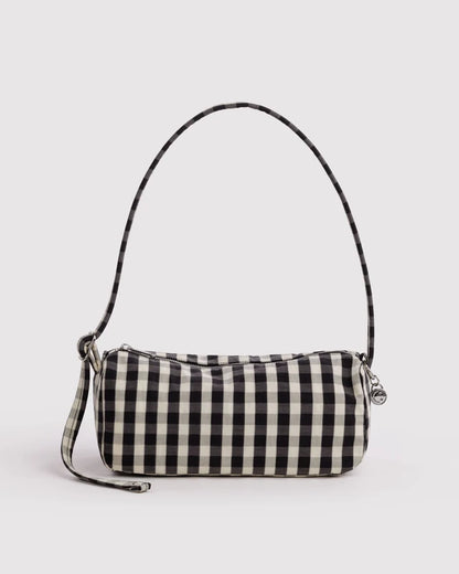 BAGGU Nylon Loaf Bag in Black and Cream Gingham with metal smiley charm on charm loop - PABOOM