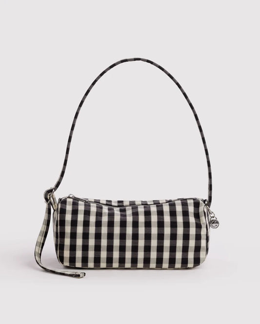 BAGGU Nylon Loaf Bag in Black and Cream Gingham with metal smiley charm on charm loop - PABOOM
