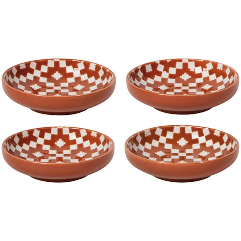 Four small terracotta dipping dishes with a white checkerboard pattern inside - PABOOM