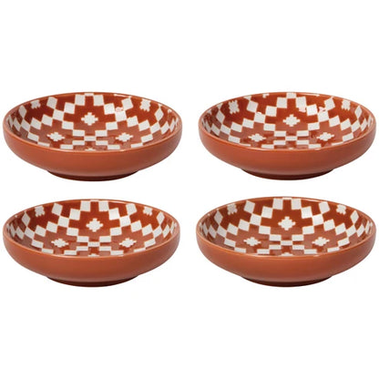 Four small terracotta dipping dishes with a white checkerboard pattern inside - PABOOM