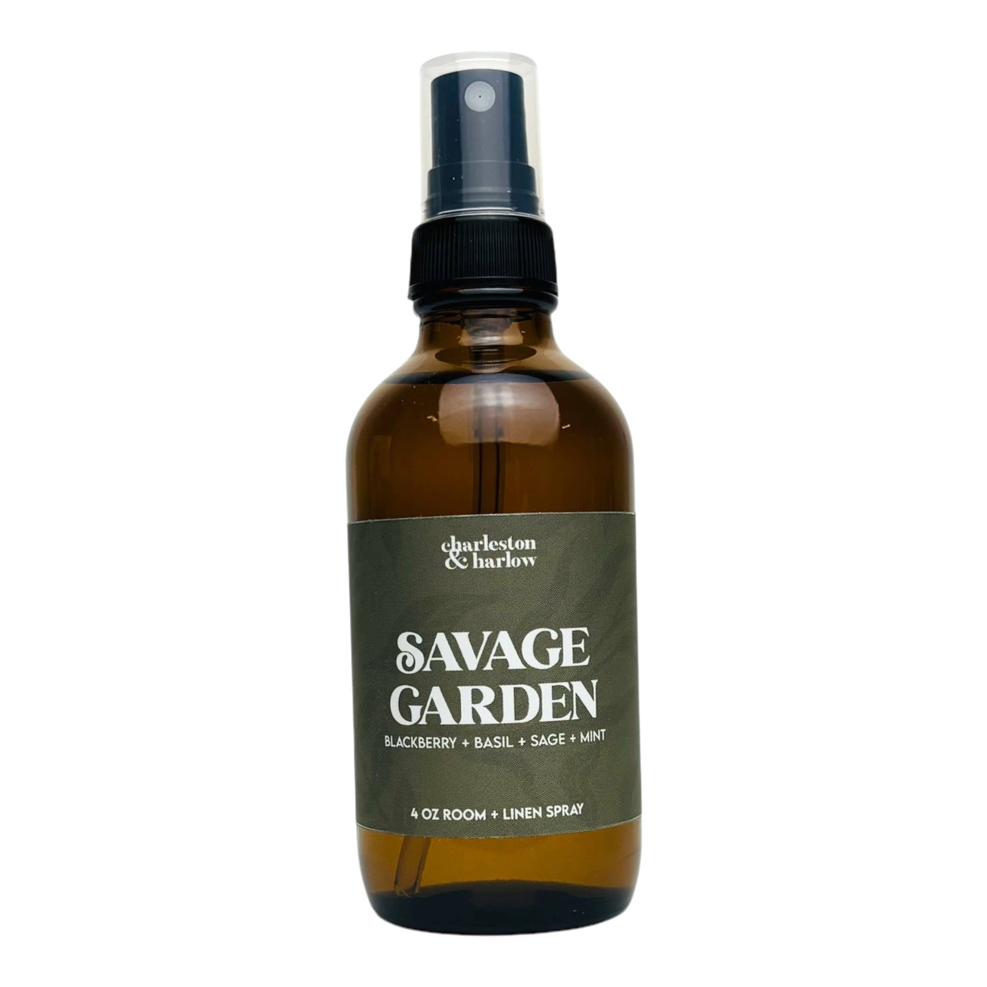 Amber glass spray bottle of Charleston & Harlow Savage Garden room and linen spray with dark olive green label