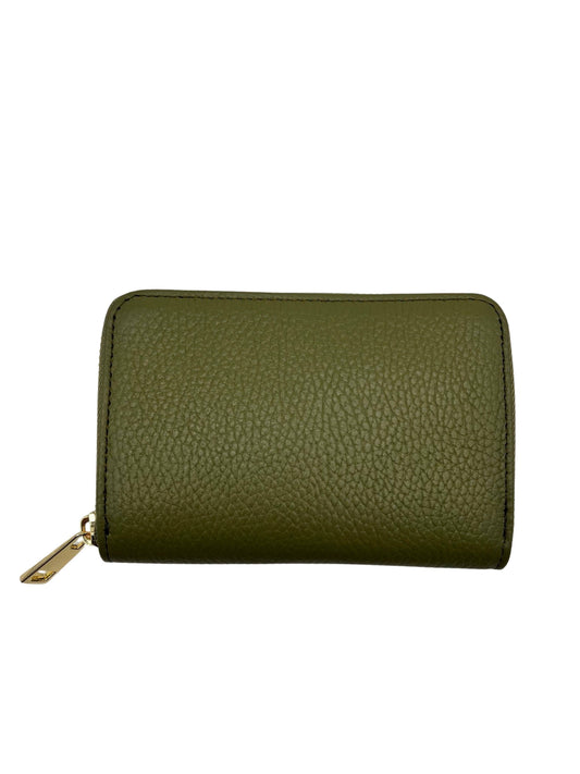 Olive green grained leather zip-around wallet (listed as persimmon)